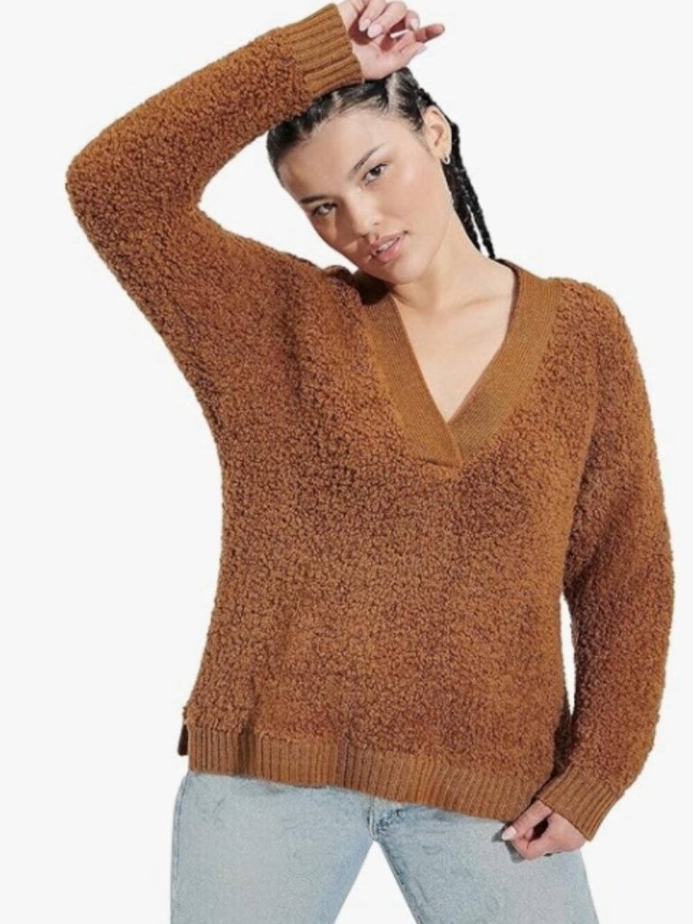 UGG Deeann Cloudfluff Sweater Brown Fuzzy V Neck Cozy Plush Pullover